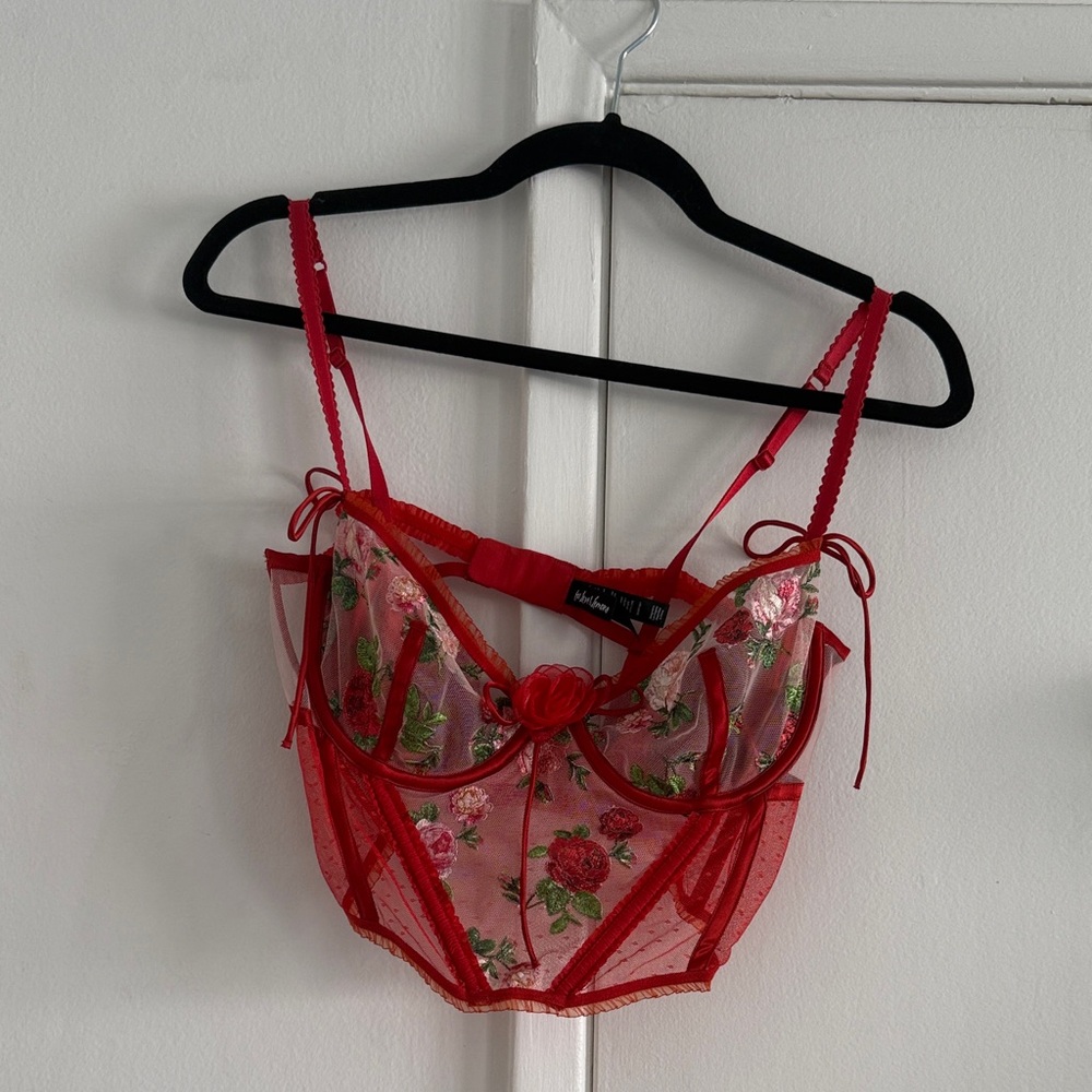For Love And Lemons Red Floral Lace Bra